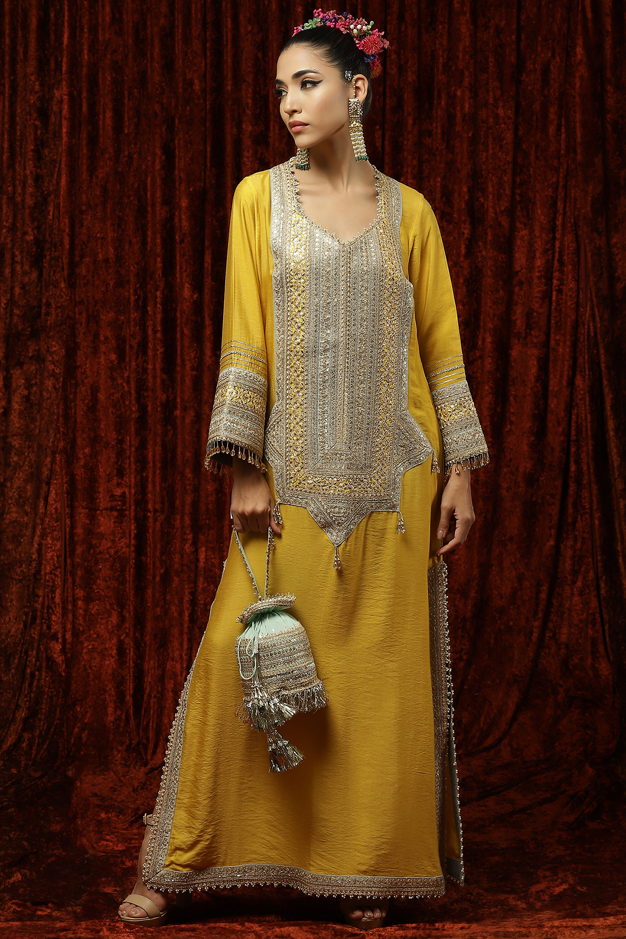 Lemon Yellow Embroidered Kurta Kaftan by Shikhar Sharma at Pernia's Pop Up Shop