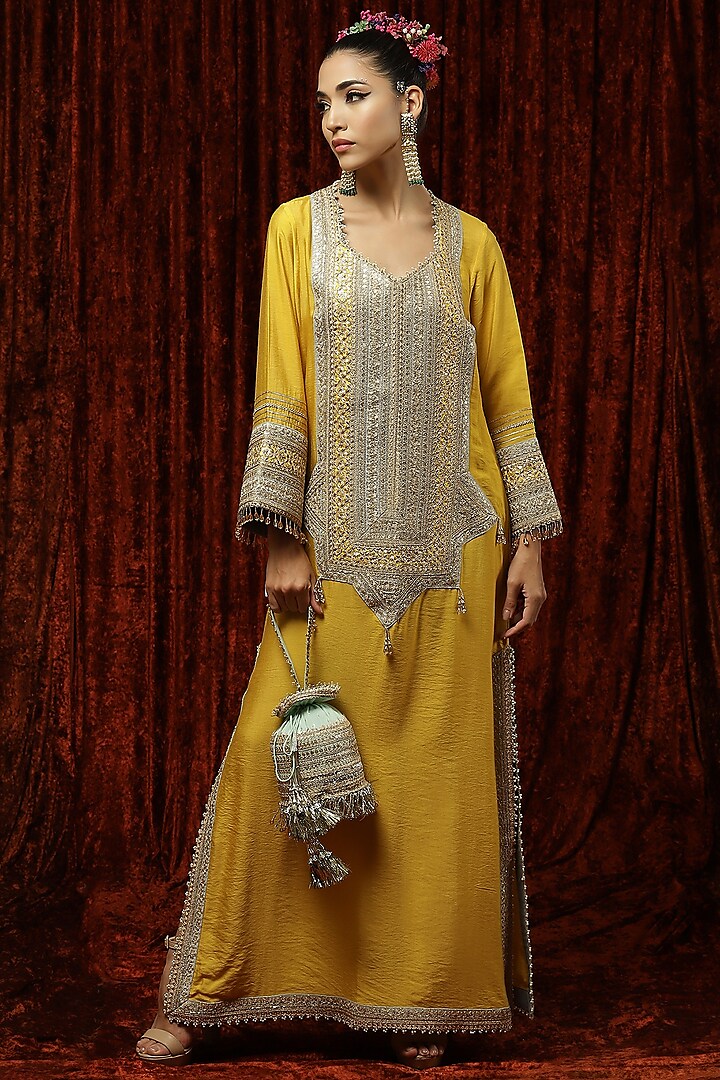 Lemon Yellow Embroidered Kurta Kaftan by Shikhar Sharma at Pernia's Pop Up Shop