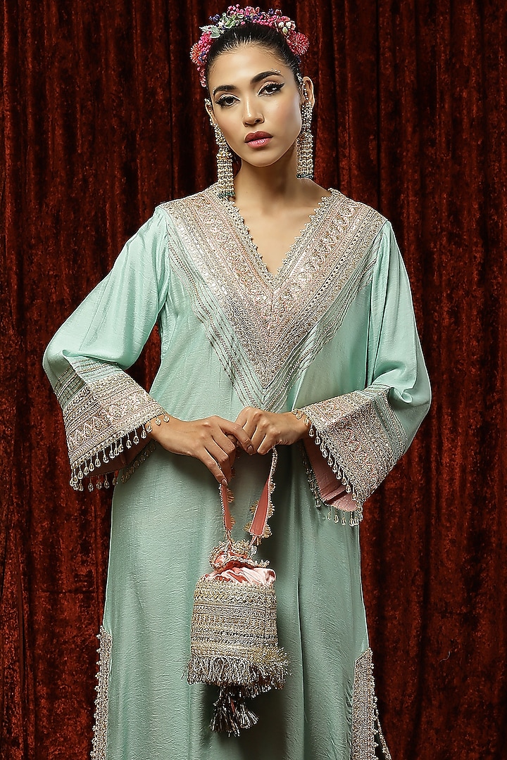 Sea Green Machine Embroidered Kurta Kaftan by Shikhar Sharma at Pernia's Pop Up Shop