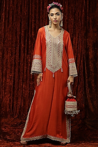 Orange Embroidered Kurta Kaftan by Shikhar Sharma