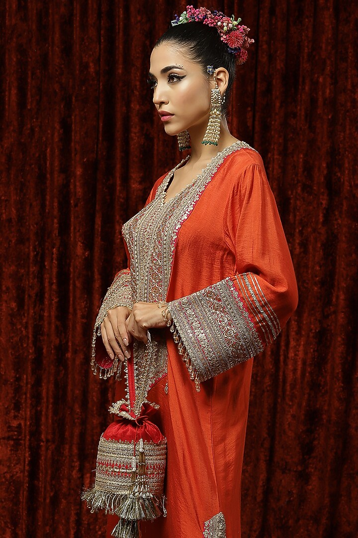 Orange Embroidered Kurta Kaftan by Shikhar Sharma at Pernia's Pop Up Shop