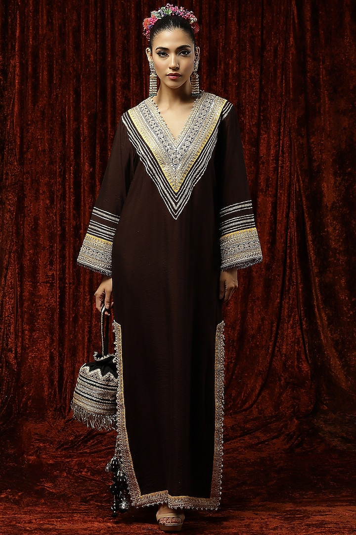 Brown Embroidered Kurta Kaftan by Shikhar Sharma at Pernia's Pop Up Shop