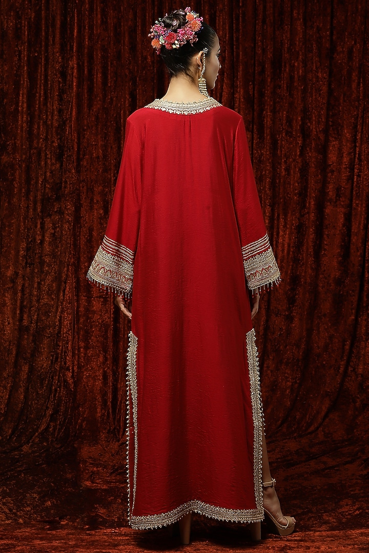 Red Machine Embroidered Kurta Kaftan by Shikhar Sharma at Pernia's Pop Up Shop