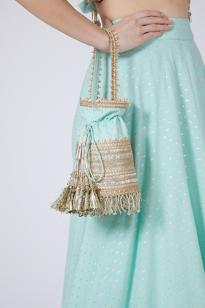 Sea Green Machine Embroidered Potli by Shikhar Sharma at Pernia's Pop Up Shop