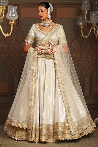 Silver & Grey Cotton Shimmer Chanderi Gota Embroidered Lehenga Set by Shikhar Sharma