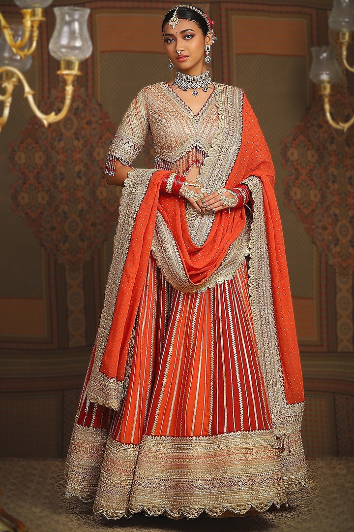 Rust Maroon & Orange Silk Chanderi Gota Embroidered Kalidar Bridal Lehenga Set by Shikhar Sharma at Pernia's Pop Up Shop