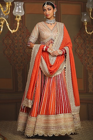 Rust Maroon & Orange Silk Chanderi Gota Embroidered Kalidar Lehenga Set by Shikhar Sharma