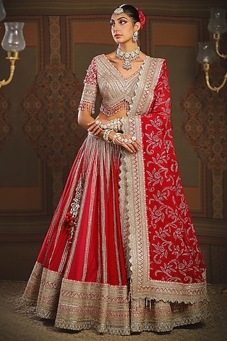 Red & Rani Pink Silk Chanderi Gota Embroidered Kalidar Lehenga Set by Shikhar Sharma