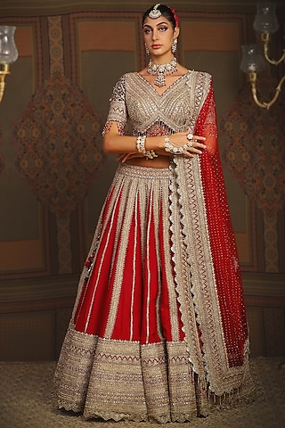 Crimson Red & Maroon Silk Chanderi Gota Embroidered Kalidar Lehenga Set by Shikhar Sharma