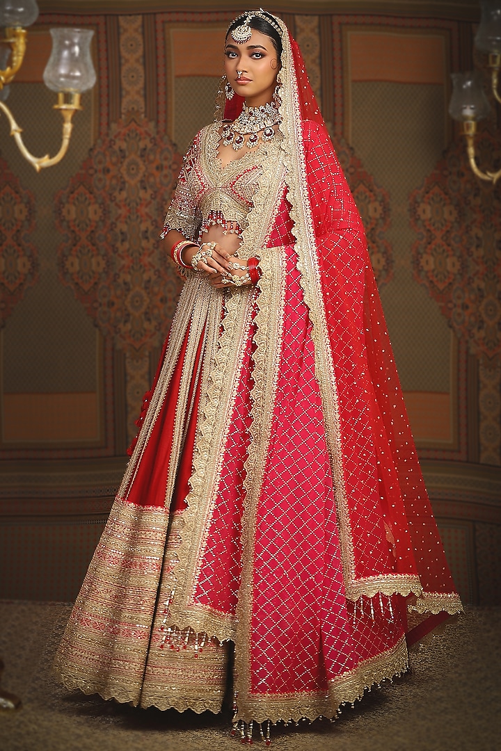 Red & Rani Pink Silk Chanderi Gota Embroidered Kalidar Bridal Lehenga Set by Shikhar Sharma at Pernia's Pop Up Shop