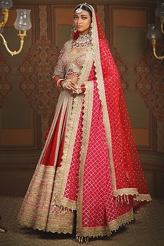Red & Rani Pink Silk Chanderi Gota Embroidered Kalidar Lehenga Set by Shikhar Sharma