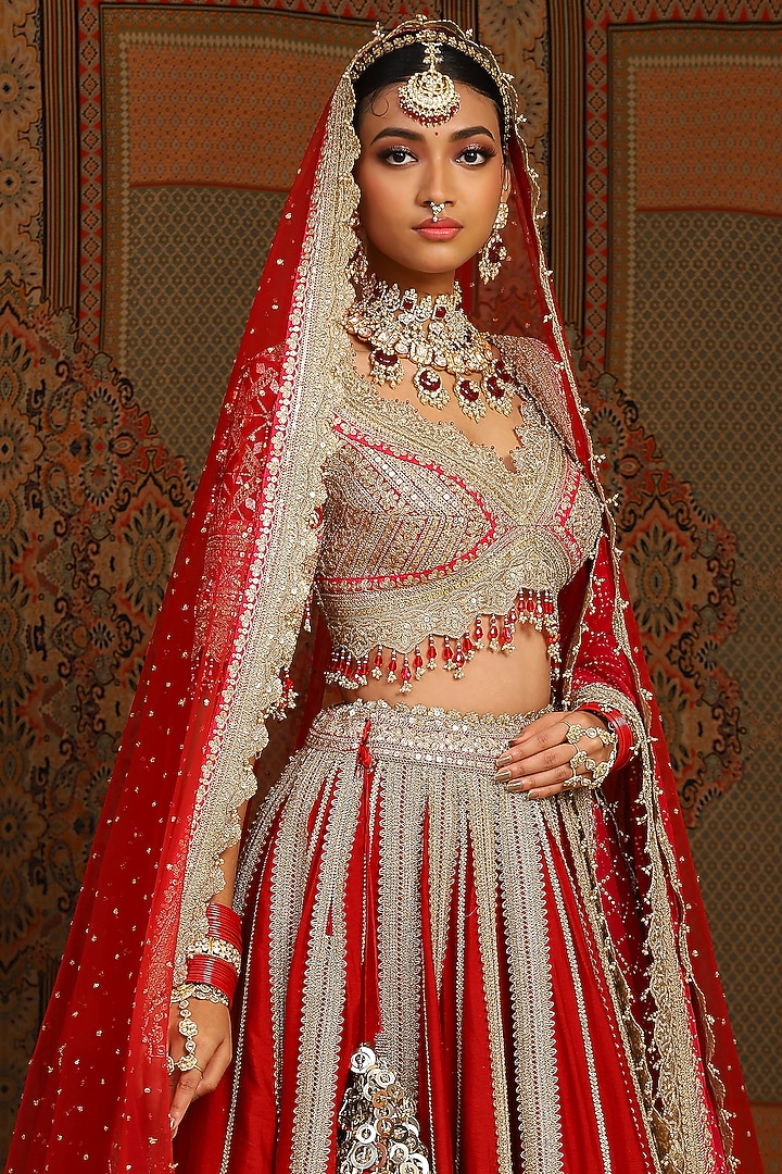 Red & Rani Pink Silk Chanderi Gota Embroidered Kalidar Bridal Lehenga Set by Shikhar Sharma at Pernia's Pop Up Shop