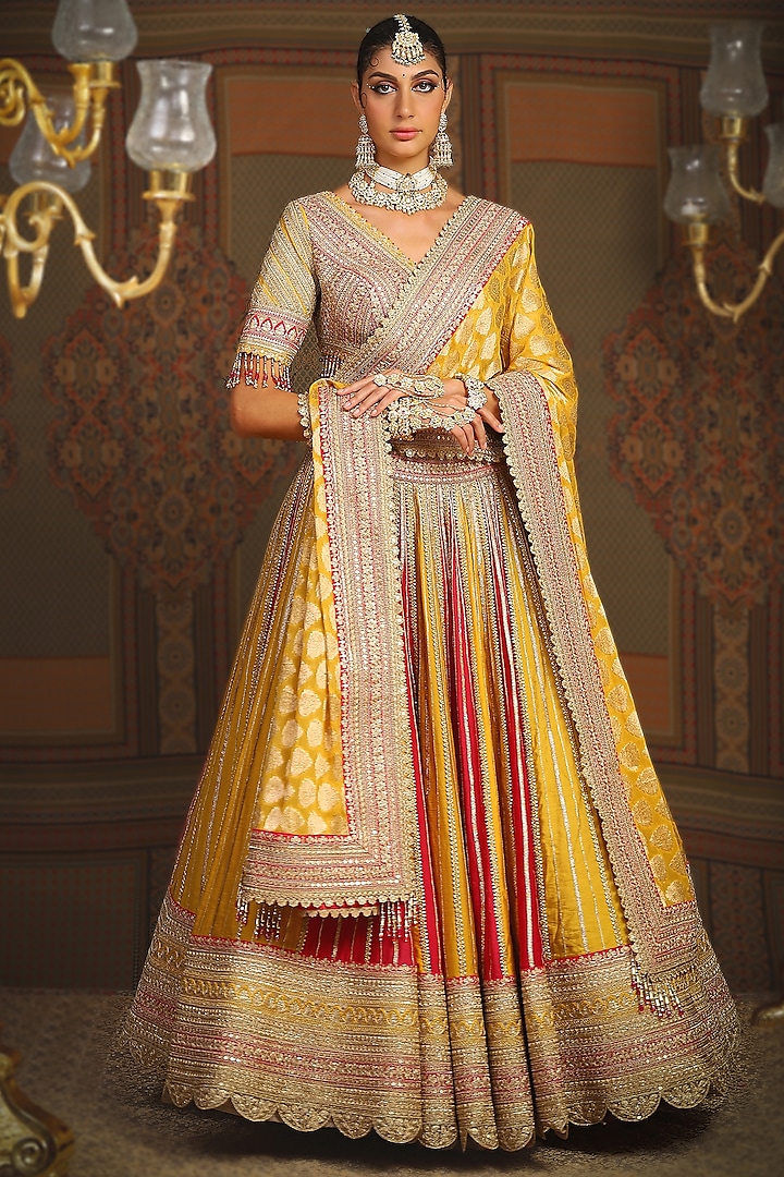 Yellow & Rani Pink Silk Chanderi Gota Embroidered Kalidar Bridal Lehenga Set by Shikhar Sharma at Pernia's Pop Up Shop