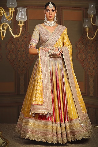 Yellow & Rani Pink Silk Chanderi Gota Embroidered Kalidar Lehenga Set by Shikhar Sharma