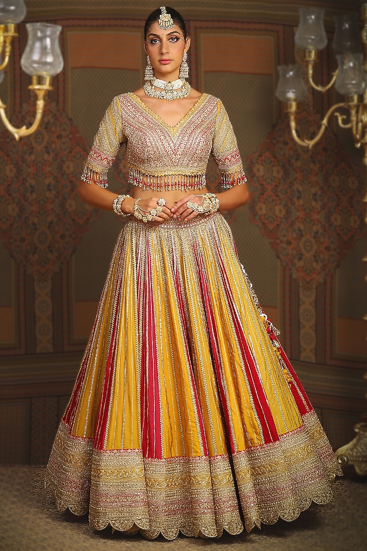Yellow & Rani Pink Silk Chanderi Gota Embroidered Kalidar Bridal Lehenga Set by Shikhar Sharma at Pernia's Pop Up Shop