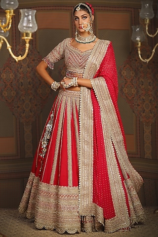 Red & Rani Pink Silk Chanderi Gota Embroidered Kalidar Lehenga Set by Shikhar Sharma