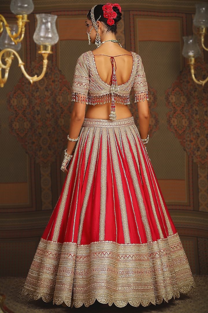Red & Rani Pink Silk Chanderi Gota Embroidered Kalidar Bridal Lehenga Set by Shikhar Sharma at Pernia's Pop Up Shop