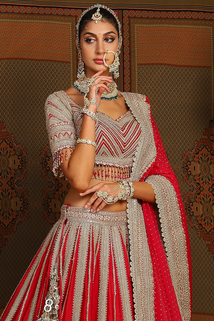 Red & Rani Pink Silk Chanderi Gota Embroidered Kalidar Bridal Lehenga Set by Shikhar Sharma at Pernia's Pop Up Shop