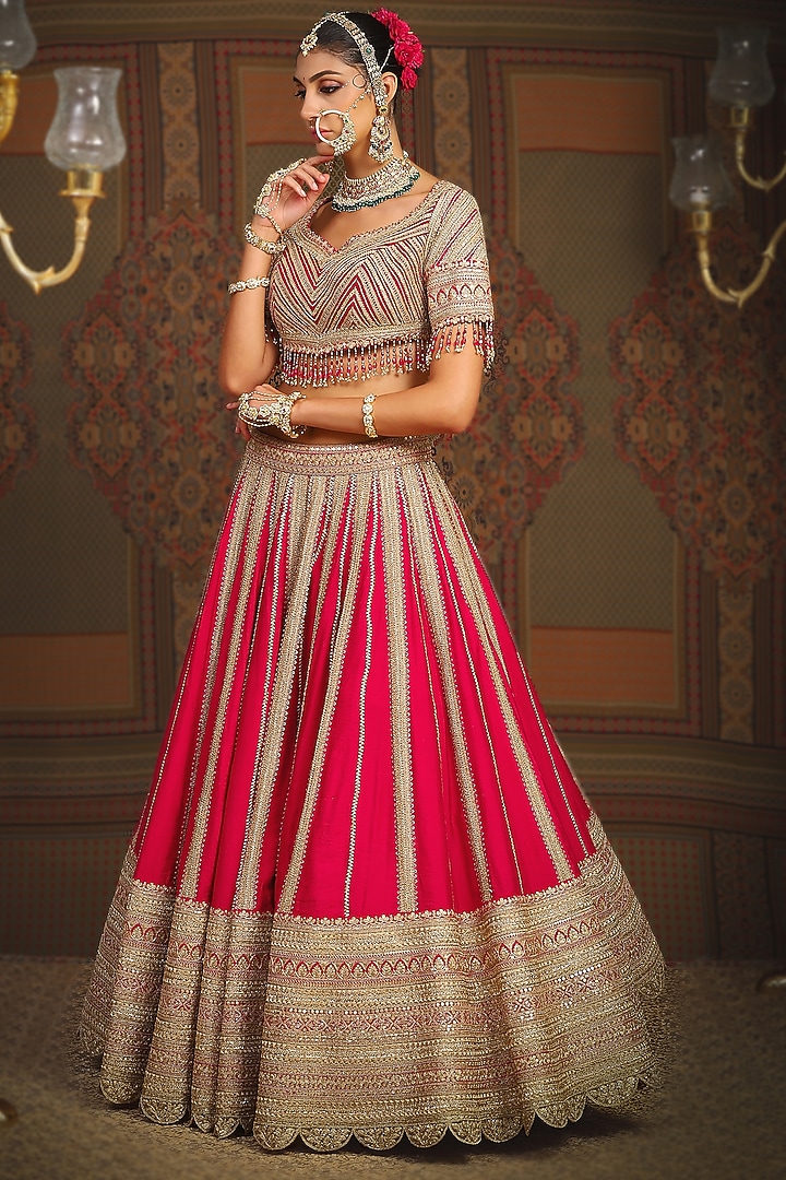 Red & Rani Pink Silk Chanderi Gota Embroidered Kalidar Bridal Lehenga Set by Shikhar Sharma at Pernia's Pop Up Shop