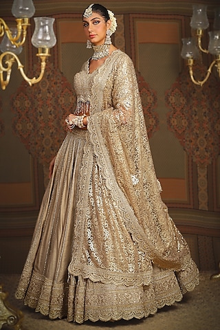 Light Gold Silk Chanderi Gota Embroidered Kalidar Lehenga Set by Shikhar Sharma