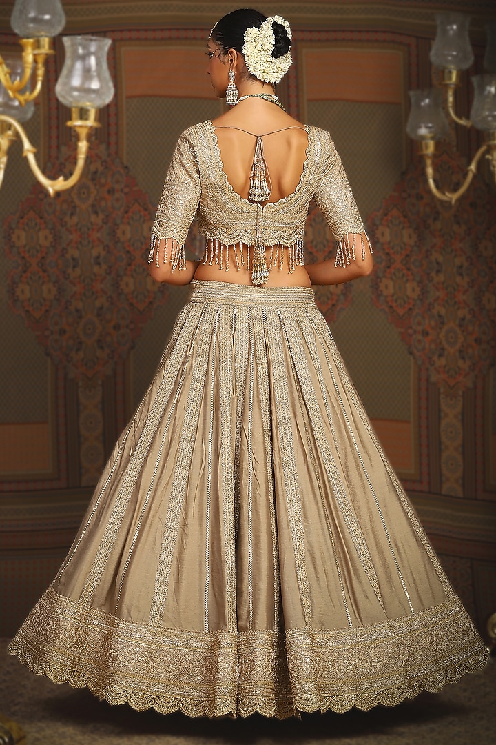 Light Gold Silk Chanderi Gota Embroidered Kalidar Wedding Lehenga Set by Shikhar Sharma at Pernia's Pop Up Shop
