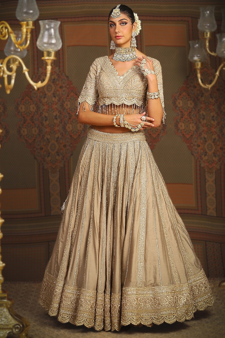 Light Gold Silk Chanderi Gota Embroidered Kalidar Wedding Lehenga Set by Shikhar Sharma at Pernia's Pop Up Shop