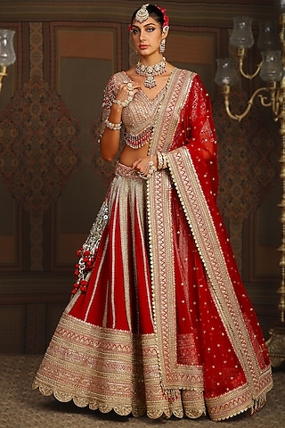 Red Silk Chanderi Gota Embroidered Kalidar Lehenga Set by Shikhar Sharma