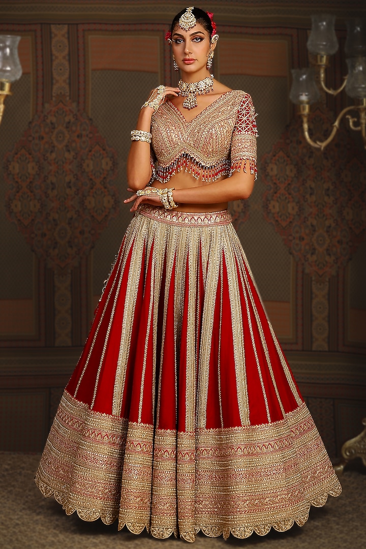 Red Silk Chanderi Gota Embroidered Kalidar Bridal Lehenga Set by Shikhar Sharma at Pernia's Pop Up Shop