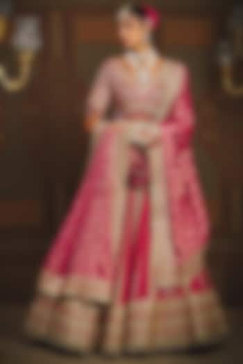 Rani Pink & Red Silk Chanderi Gota Embroidered Kalidar Bridal Lehenga Set by Shikhar Sharma at Pernia's Pop Up Shop