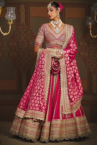 Rani Pink & Red Silk Chanderi Gota Embroidered Kalidar Lehenga Set by Shikhar Sharma