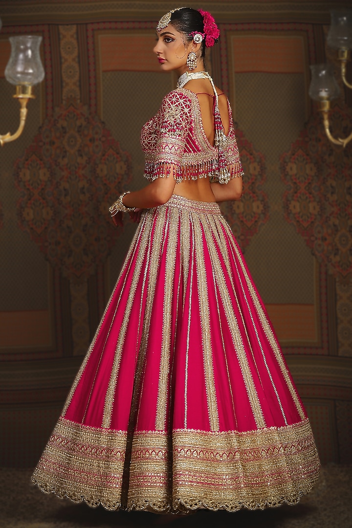 Rani Pink & Red Silk Chanderi Gota Embroidered Kalidar Bridal Lehenga Set by Shikhar Sharma at Pernia's Pop Up Shop