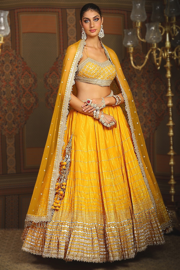 Mango Yellow Cotton Shimmer Chanderi Gota Embellished Crinkle Wedding Lehenga Set by Shikhar Sharma at Pernia's Pop Up Shop