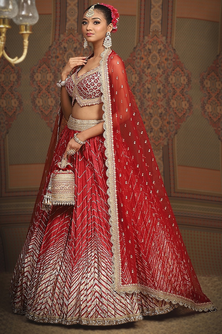 Deep Red Cotton Shimmer Net Gota Embroidered Crinkle Wedding Lehenga Set by Shikhar Sharma at Pernia's Pop Up Shop