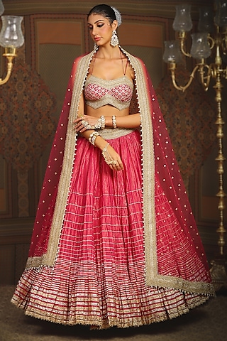 Rani Pink Cotton Shimmer Chanderi Gota Embroidered Crinkle Lehenga Set by Shikhar Sharma