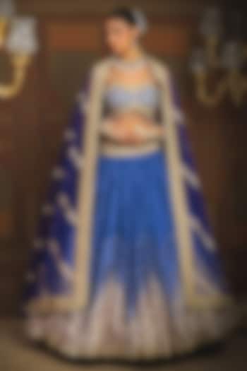 Electric Blue Cotton Shimmer Chanderi Gota Embroidered Crinkle Wedding Lehenga Set by Shikhar Sharma at Pernia's Pop Up Shop