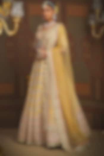 Yellow & Baby Pink Silk Chanderi Gota Embroidered Kalidar Bridal Lehenga Set by Shikhar Sharma at Pernia's Pop Up Shop