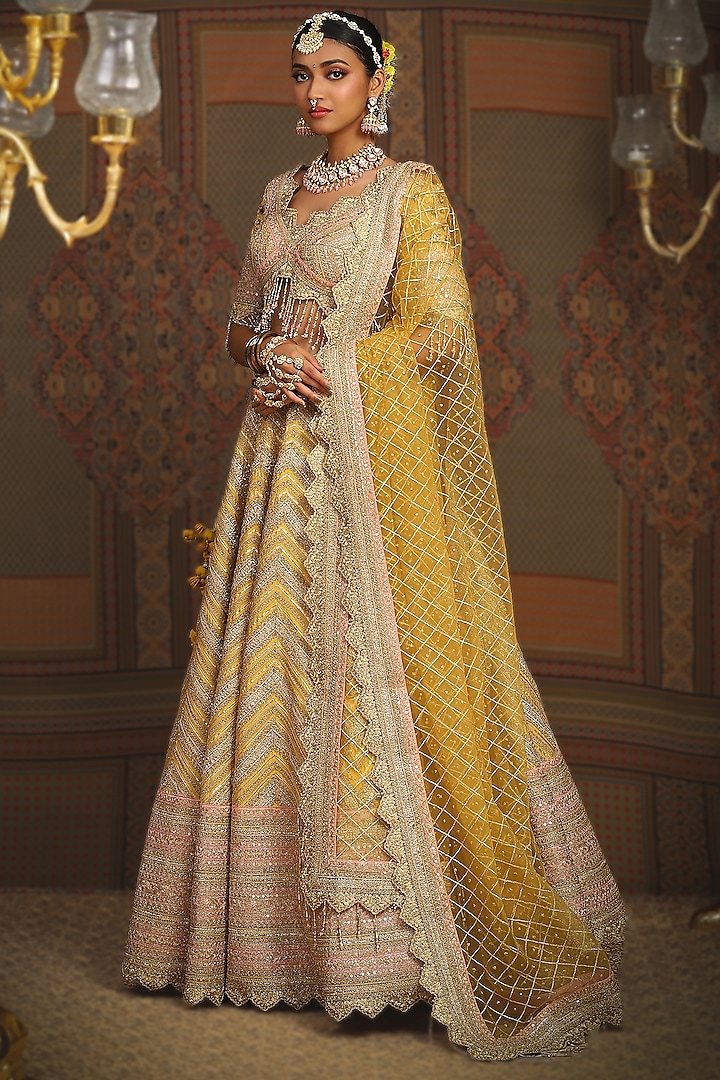 Yellow & Baby Pink Silk Chanderi Gota Embroidered Kalidar Bridal Lehenga Set by Shikhar Sharma at Pernia's Pop Up Shop