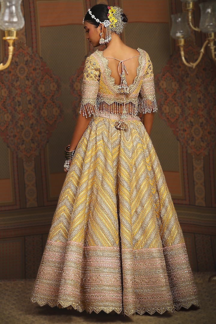Yellow & Baby Pink Silk Chanderi Gota Embroidered Kalidar Bridal Lehenga Set by Shikhar Sharma at Pernia's Pop Up Shop