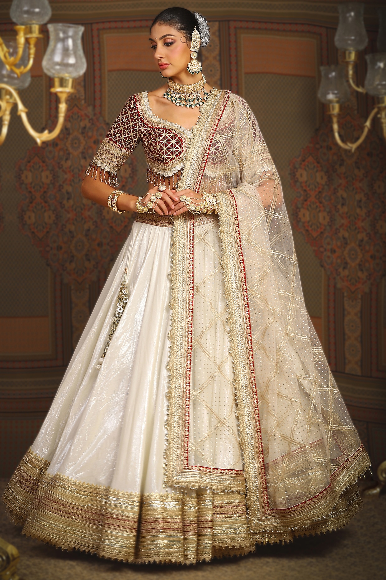 Peach Chanderi Silk Fabric Lehenga with Lace,Weaving work & Blouse