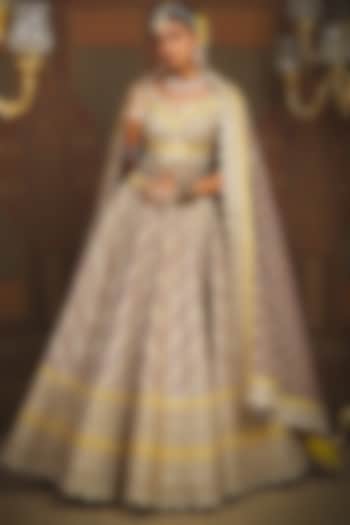 Purple & Lemon Yellow Silk Chanderi Gota Embroidered Kalidar Bridal Lehenga Set by Shikhar Sharma at Pernia's Pop Up Shop