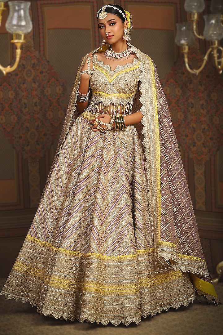 Purple & Lemon Yellow Silk Chanderi Gota Embroidered Kalidar Bridal Lehenga Set by Shikhar Sharma at Pernia's Pop Up Shop