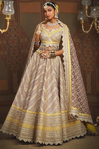 Purple & Lemon Yellow Silk Chanderi Gota Embroidered Kalidar Lehenga Set by Shikhar Sharma