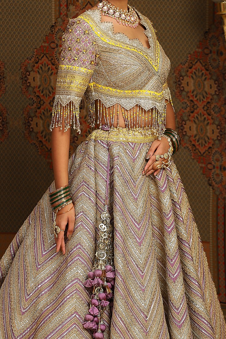 Purple & Lemon Yellow Silk Chanderi Gota Embroidered Kalidar Bridal Lehenga Set by Shikhar Sharma at Pernia's Pop Up Shop