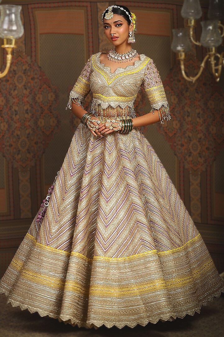 Purple & Lemon Yellow Silk Chanderi Gota Embroidered Kalidar Bridal Lehenga Set by Shikhar Sharma at Pernia's Pop Up Shop