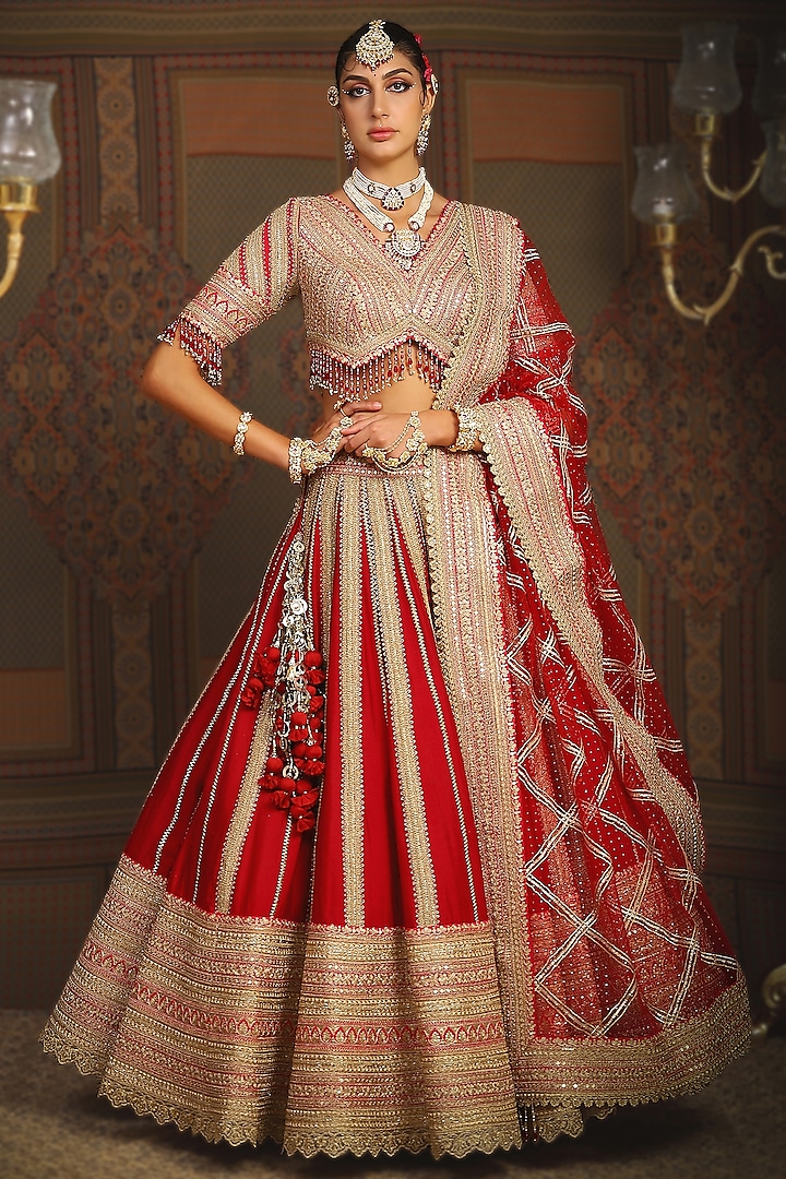 Red Silk Chanderi Dori Embroidered Bridal Lehenga Set by Shikhar Sharma at Pernia's Pop Up Shop