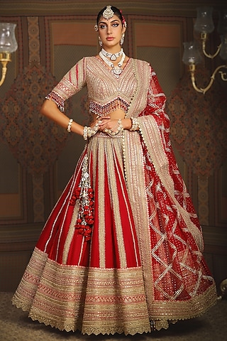 Red Silk Chanderi Dori Embroidered Lehenga Set by Shikhar Sharma