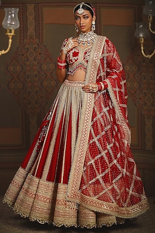 Red Silk Chanderi Dori Embroidered Lehenga Set by Shikhar Sharma