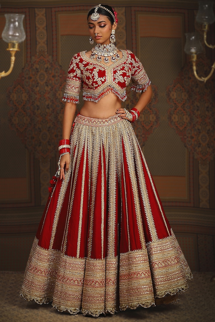 Red Silk Chanderi Dori Embroidered Bridal Lehenga Set by Shikhar Sharma at Pernia's Pop Up Shop