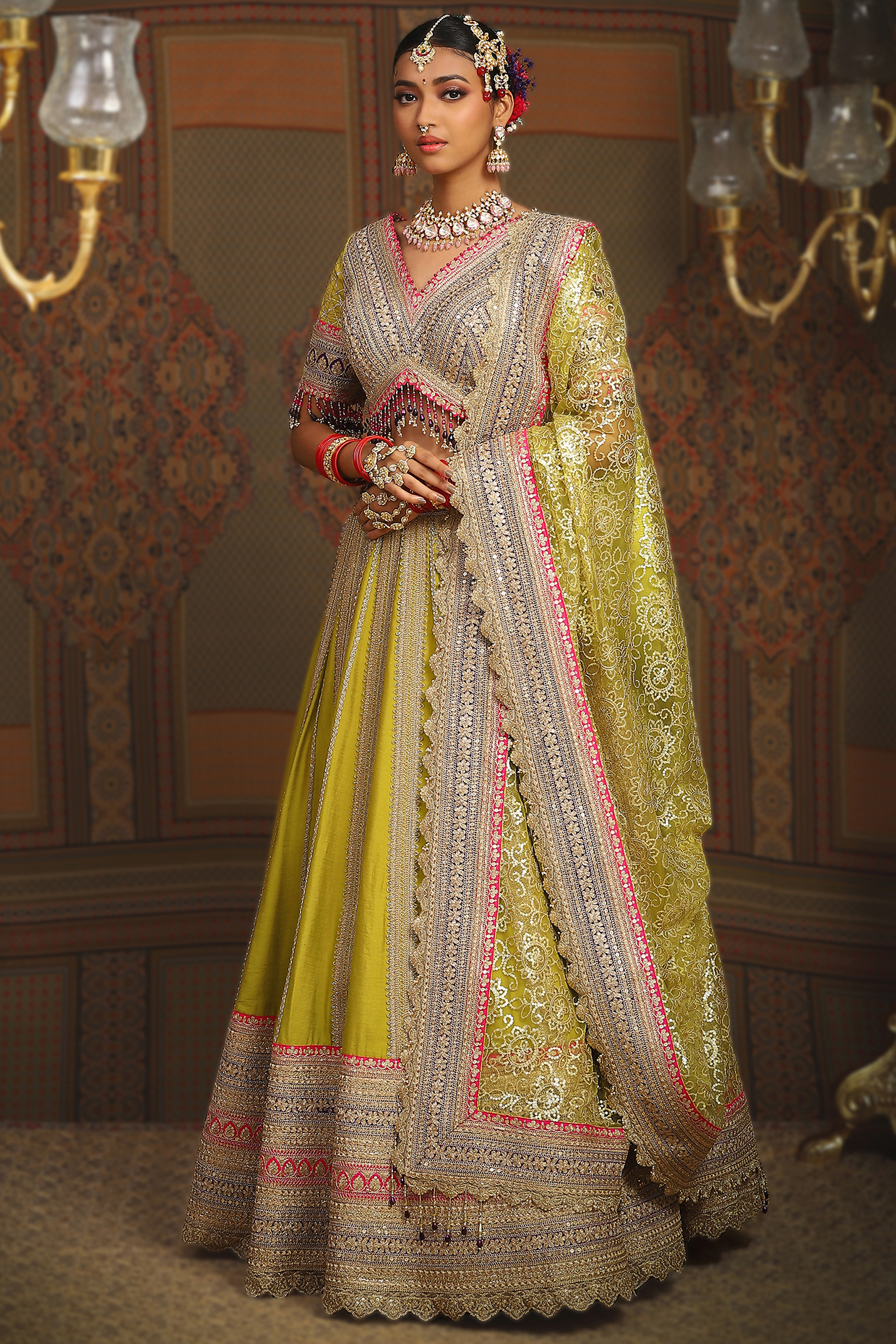 Lemon Green Silk Chanderi Dori Embroidered Bridal lehenga for 22 Lehenga by Shikhar Sharma at Pernia's Pop Up Shop