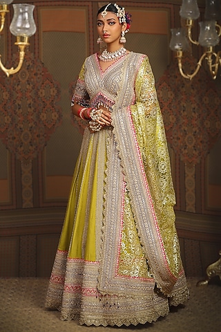 Lemon Green Silk Chanderi Dori Embroidered Lehenga by Shikhar Sharma